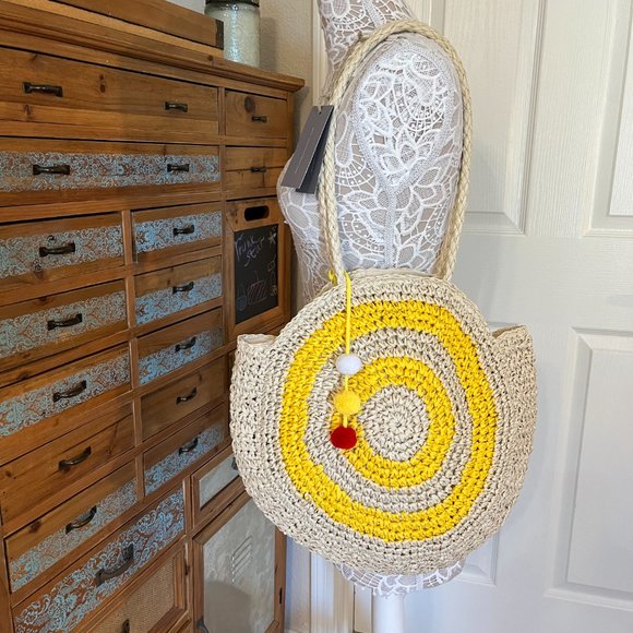 Expressions NYC - Round Straw Vegan Slouchy Tote - Yellow / Beige - Picture 2 of 9